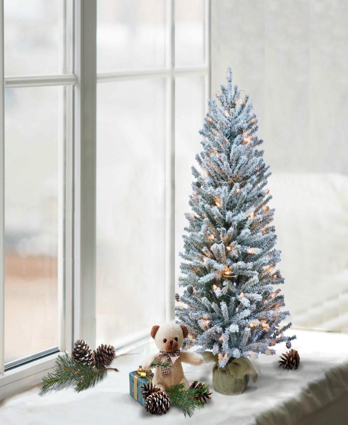 Puleo Pre-Lit Flocked Fir Artificial Christmas Tree with Pines Cones and 50 Lights, 3'