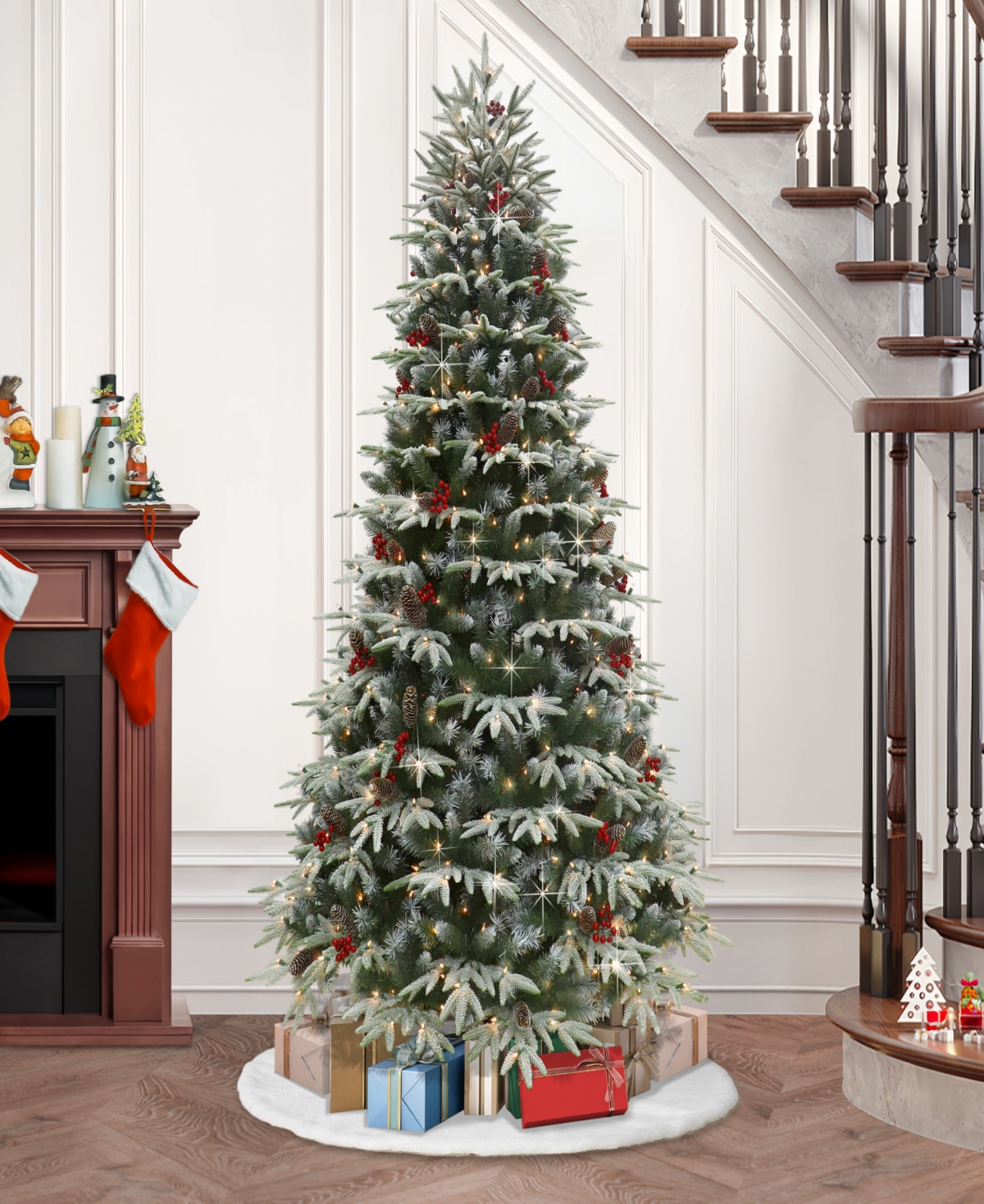 Puleo 7.5FT Pre-Lit Flocked Hartford Fir Artificial Christmas Tree