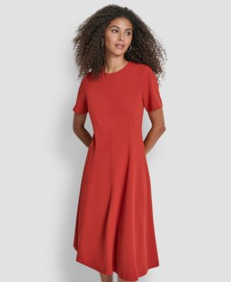 Women's Short Sleeve Jewel Neck Suede Midi Dress