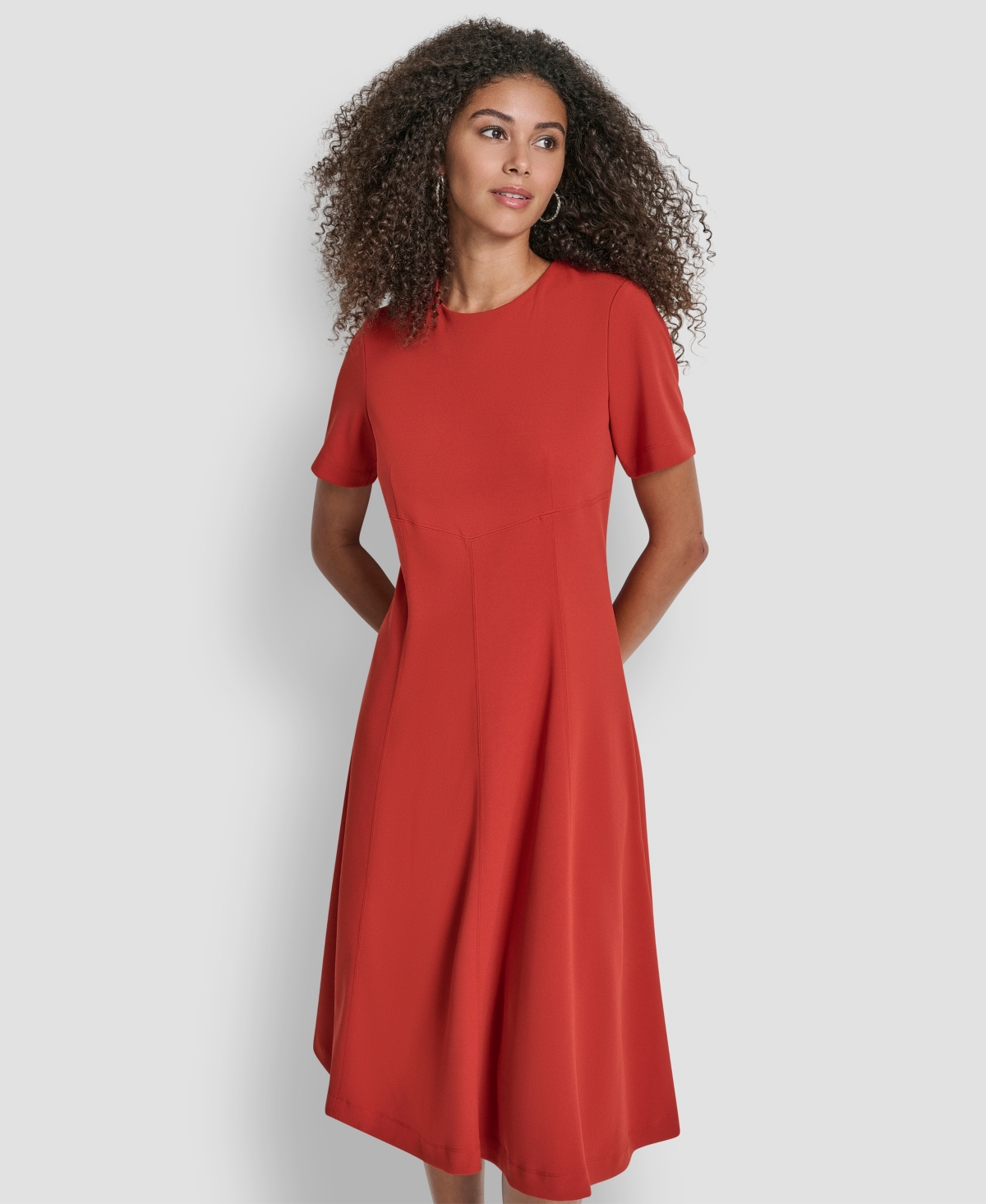 Dkny Short Sleeve Jewel Neck Suede Midi Dress In Red