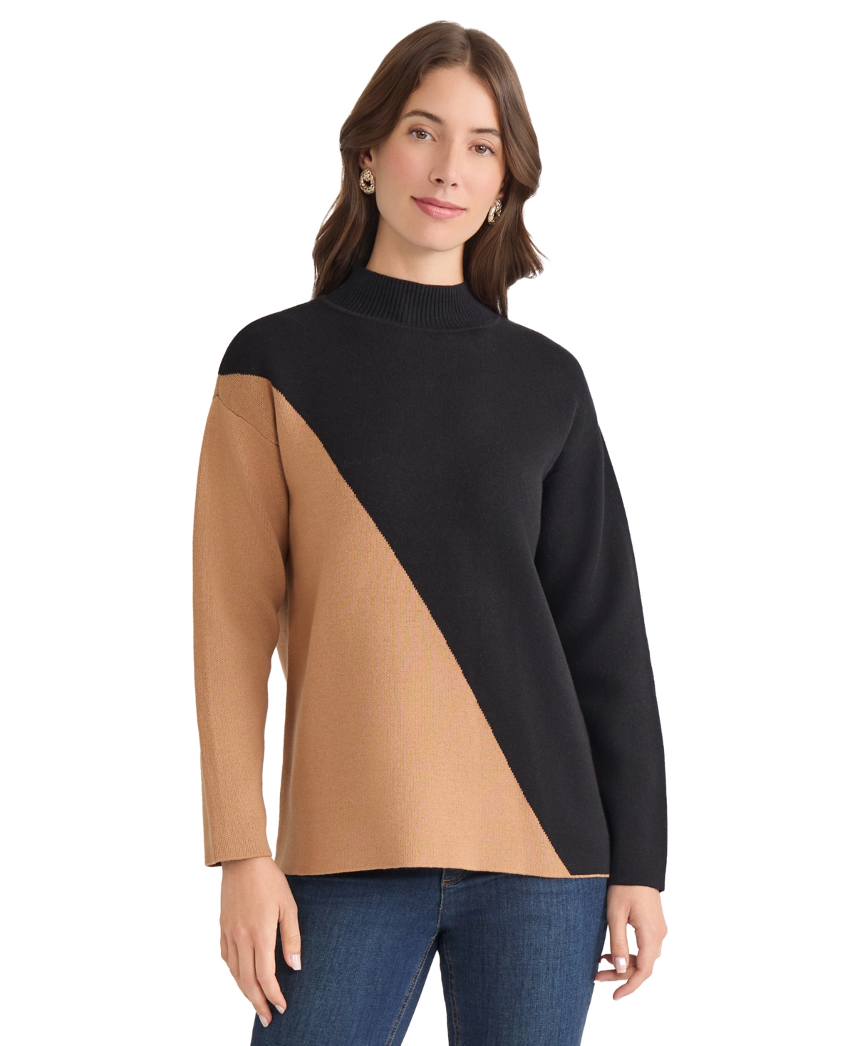Jones New York Coloblock Mock Neck Sweater