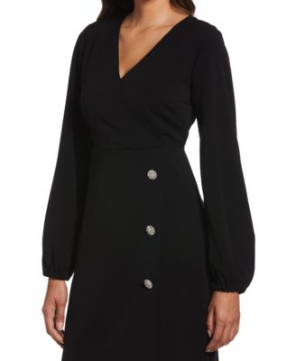 Petite Jewel Button Surplice Long Sleeve Dress