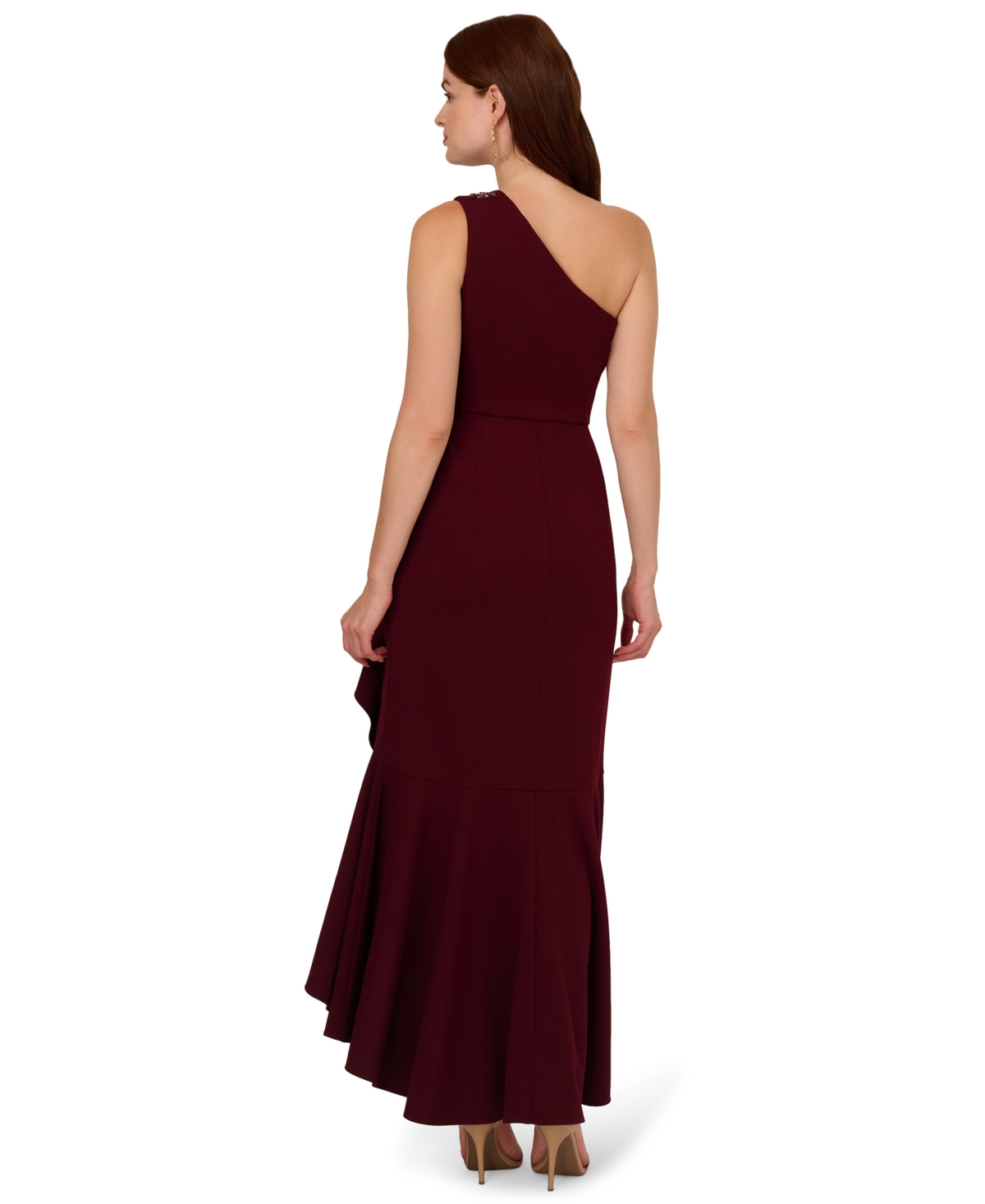 Adrianna Papell Petite Beaded Ruffled One-shoulder Gown In Brown