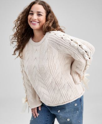 And Now This - Plus Size Satin-Laces Cable-Knit Sweater