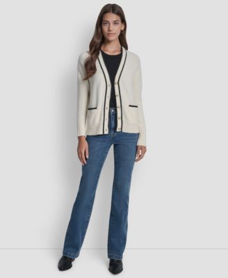 Women's Long Sleeve Tipped V-Neck Cardigan Sweater