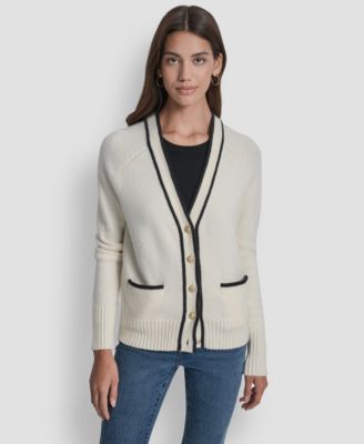 Women's Long Sleeve Tipped V-Neck Cardigan Sweater