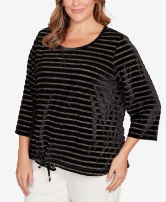 Plus Size Long Sleeve Metallic Stripe Blouson Top