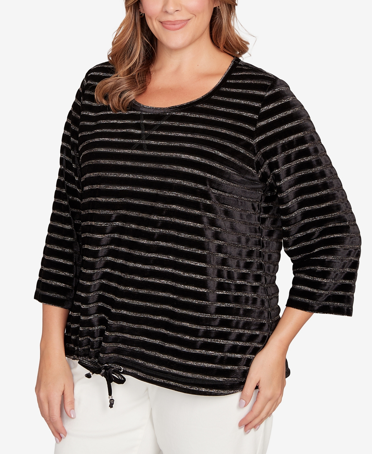 Hearts Of Palm Plus Size Long Sleeve Metallic Stripe Blouson Top In Black