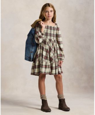 Girls' 7-16 Long-Sleeve Plaid Ruffled Dress