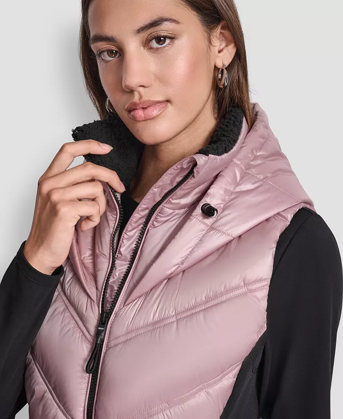 Women's Contrast Collar Hooded Puffer Vest - thumbnail 6