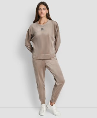 Women's Super Soft Velour Rhinestone Stacked Logo Crewneck Pullover Top