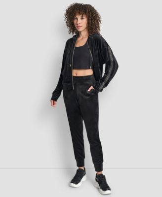 Women's Metallic Super Soft Velour Logo Elastic Full Zip Hoodie