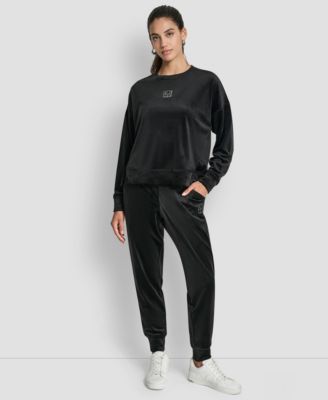 Women's Super Soft Velour Rhinestone Stacked Logo Crewneck Pullover Top