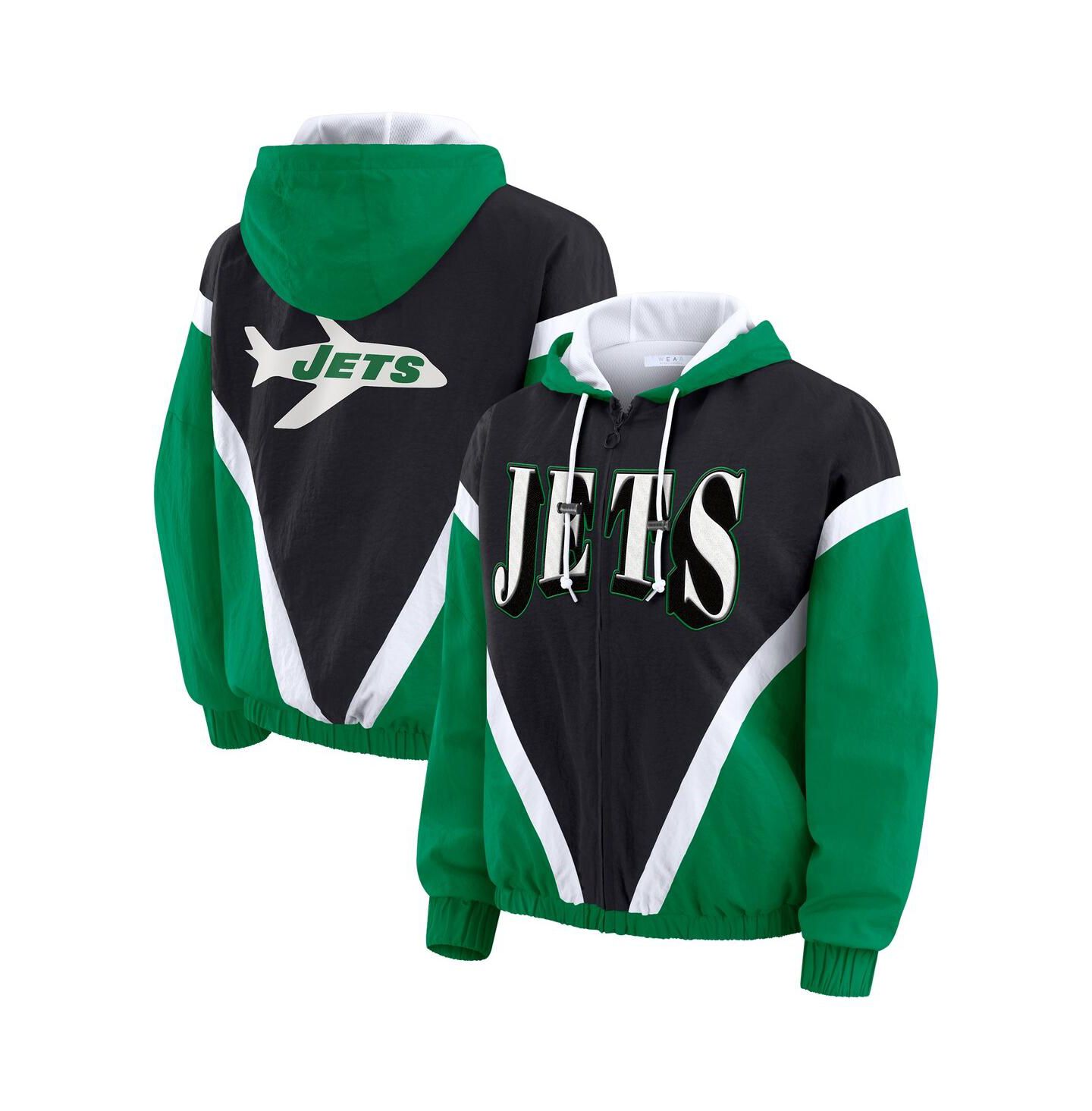 Женские худи WEAR by Erin Andrews Kelly Green/Black New York Jets Retro Crinkle Full-Zip Windbreaker Jacket — фото 1