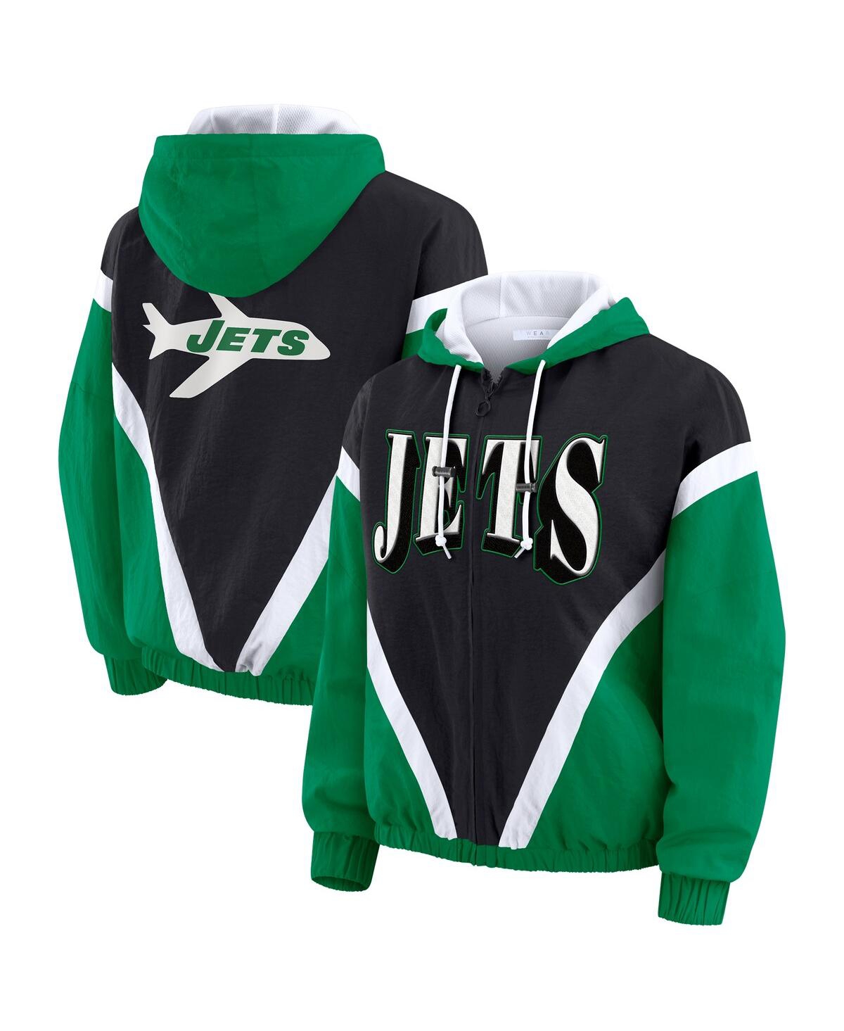 Wear By Erin Andrews Women's Kelly Green/black New York Jets Retro Crinkle Full-zip Hoodie Windbreaker Jacket In Multi