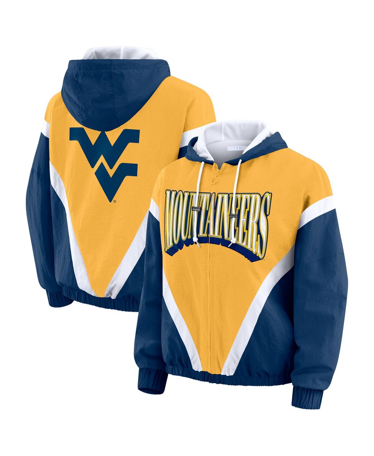 Wear By Erin Andrews Women'snavy/gold West Virginia Mountaineers Color Block Full-zip Hoodie Windbreaker Jacket In Blue