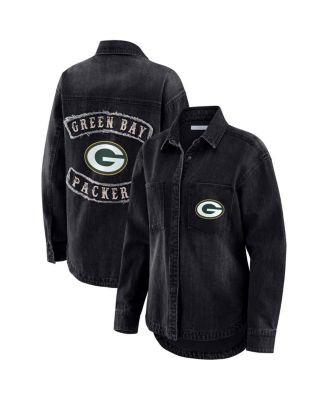 WEAR by Erin Andrews - Women's Black Green Bay Packers Washed Oversized Denim Full-Snap Shacket