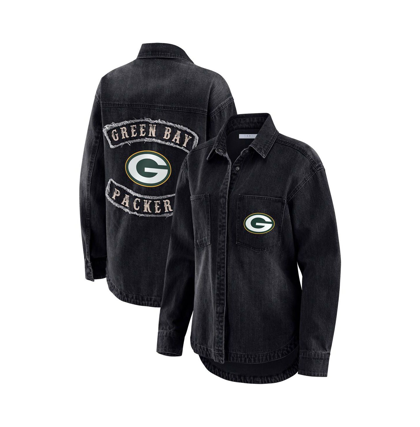 Женские куртки WEAR by Erin Andrews Black Green Bay Packers Washed Oversized Denim Full-Snap Shacket — фото 1