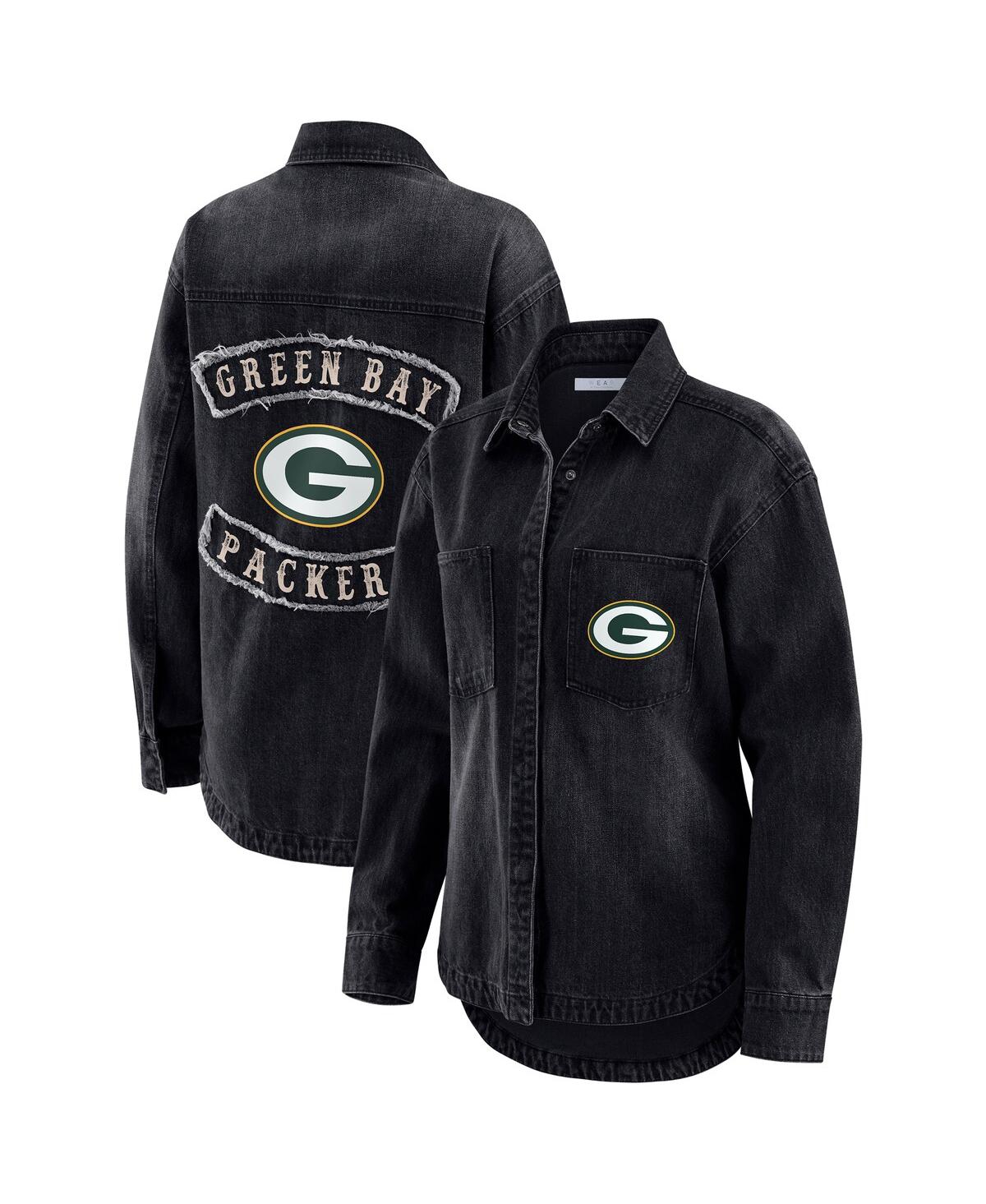 Wear By Erin Andrews Women's Black Green Bay Packers Washed Oversized Denim Full-snap Shacket