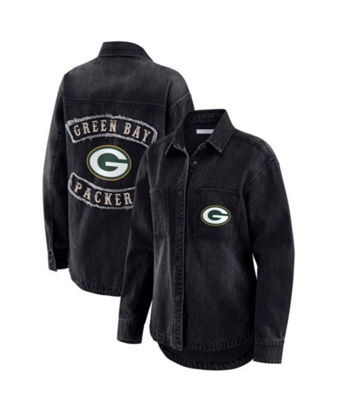 Женские куртки WEAR by Erin Andrews Women's Black Green Bay Packers Washed Oversized Denim Full-Snap Shacket