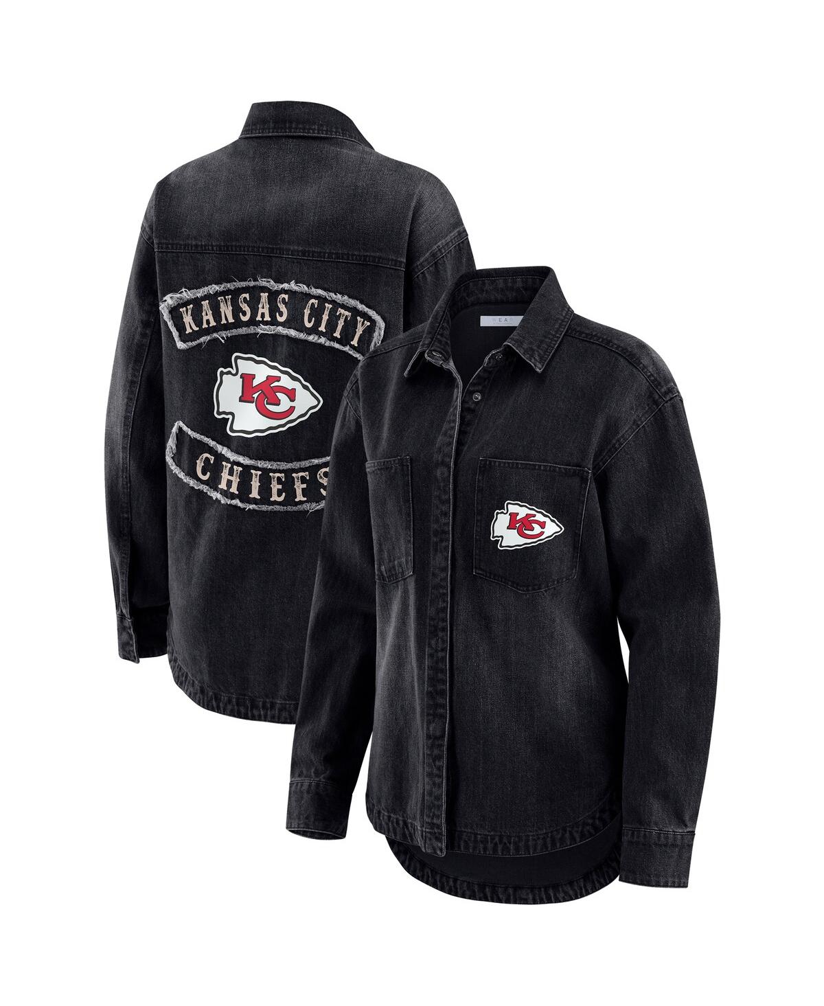 Wear By Erin Andrews Women's Black Kansas City Chiefs Washed Oversized Denim Full-snap Shacket In Black