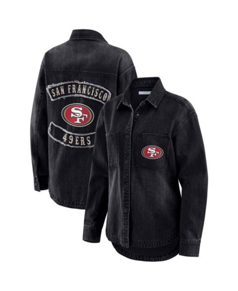 Женские куртки WEAR by Erin Andrews Women's Black San Francisco 49ers Washed Oversized Denim Full-Snap Shacket