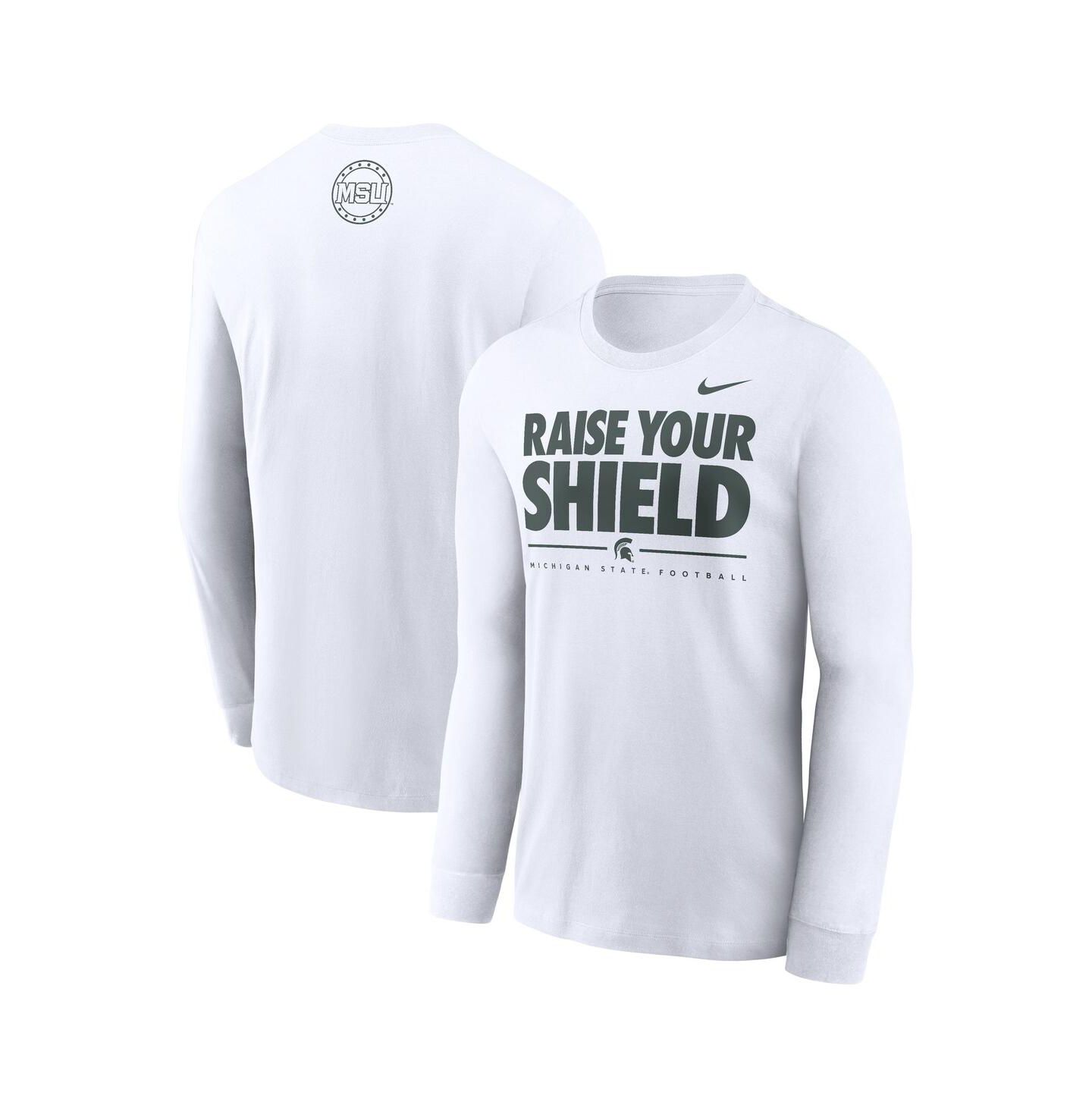 Мужская футболка Nike White Michigan State Spartans 2025 Football Fan Raise Your Shield Long Sleeve — фото 1