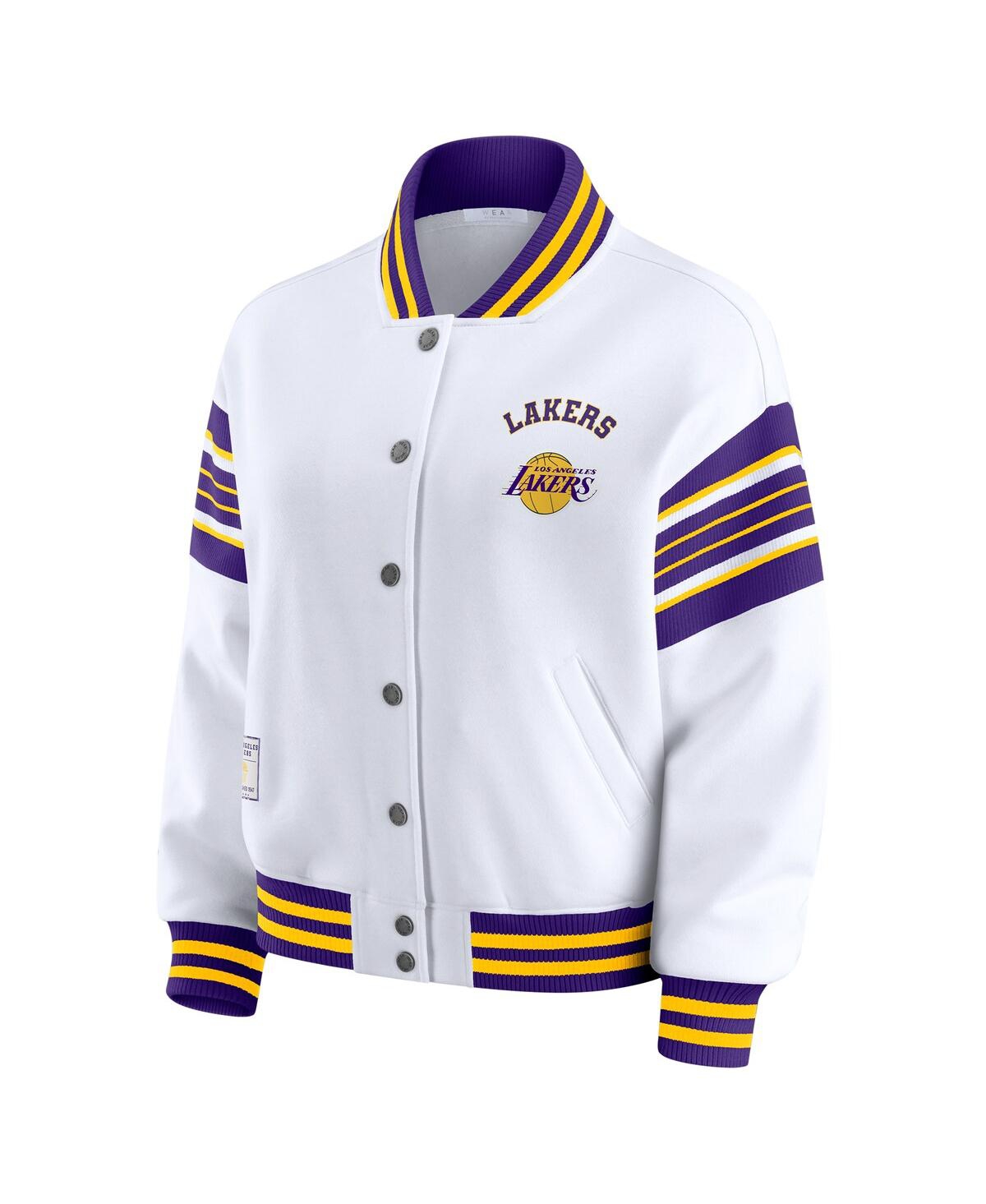 Wear By Erin Andrews Women's White Los Angeles Lakers Snap Front Fleece Sweatshirt In Brown