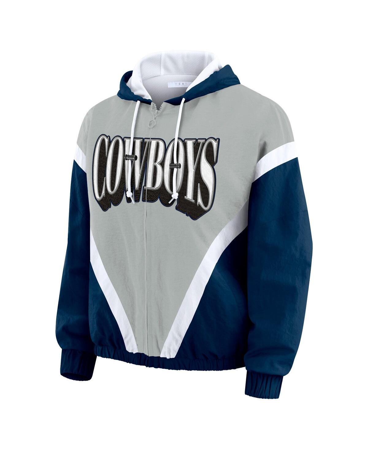 Wear By Erin Andrews Women's Navy/silver Dallas Cowboys Retro Crinkle Full-zip Hoodie Windbreaker Jacket In White