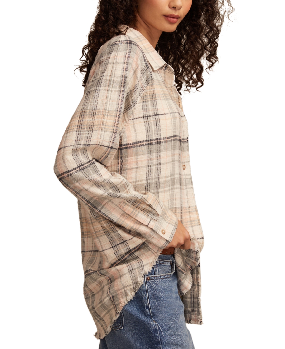 Lucky Brand Frayed Plaid Button-up Tunic Shirt In Brown