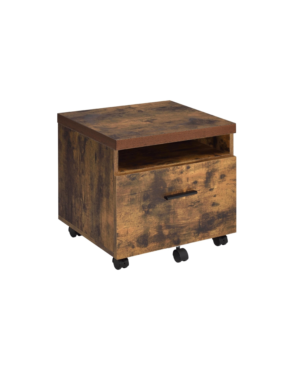 Rectangular File Cabinet with Weathered Oak Top Black Metal Legs Open Compartment and Drawer