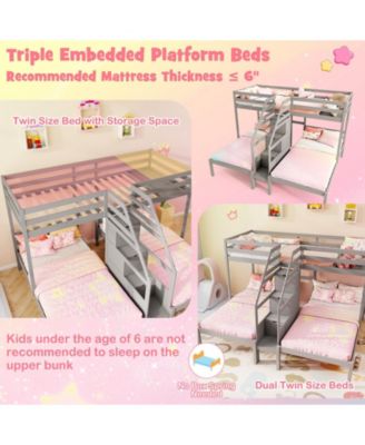 Wooden Twin Over Twin & Twin Bunk Bed w/ 4-Step Storage Staircase Guardrail