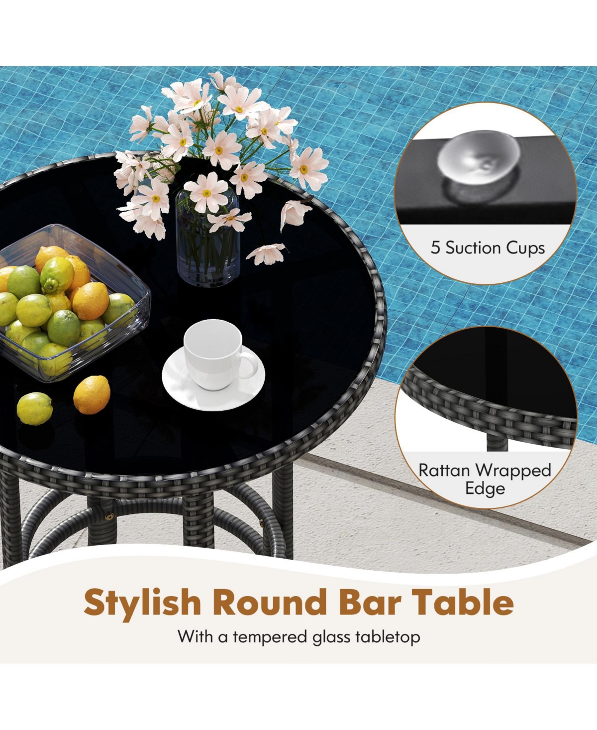 Gymax 3-Piece Patio Bar Set Outdoor Wicker Bar Height Round Table & Armchairs Set