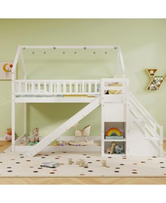 Twin Over Twin Bunk Bed w/Slide & Staircase Storage Compartments for Kids Teens