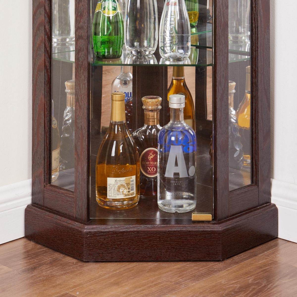 Lovmor Elegant Corner Curio Cabinet with Glass Doors Mirrored Panels and Adjustable Shelves