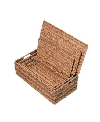 Hand-Woven Hyacinth Storage Baskets with Handles and Lids (Set of 3)