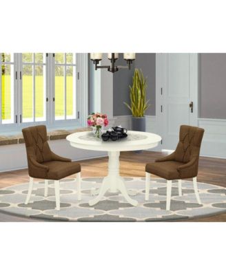 3 Pc Set Linen White Finish Round Pedestal Dining Table with 2 Cream Linen Fabric Parson Chairs