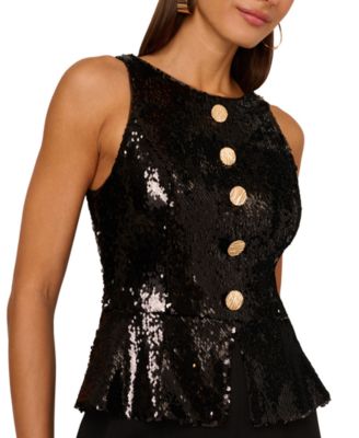 Women's Crew Neck Sequin Bodice Wide-Leg Jumpsuit