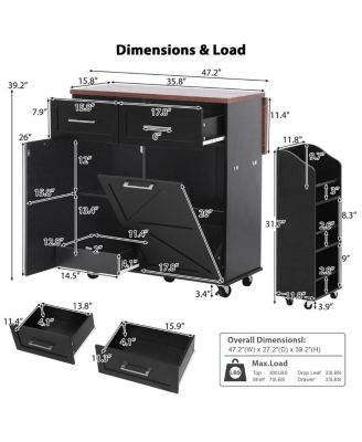 35.8" Wide MDF, Metal + Drop Leaf, Hidden Trash Bin, Removable Rack, Drawers, Locking Wheels Farmhouse Kitchen Island
