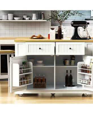 48'' Farmhouse-Style White Kitchen Island Cart with Foldable Countertop, Power Strip, 5 Side Racks, and Drawers