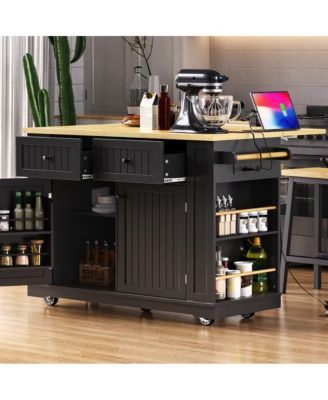 48'' Farmhouse-Style White Kitchen Island Cart with Foldable Countertop, Power Strip, 5 Side Racks, and Drawers