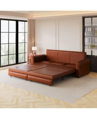 93.7" Faux Leather King Pull Out Sofa Bed, 3-in-1 Convertible Sleeper Couch with Rolled Arms & Nailhead Trim for Living Room