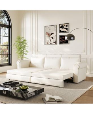 93.7" Faux Leather King Pull Out Sofa Bed, 3-in-1 Convertible Sleeper Couch with Rolled Arms & Nailhead Trim for Living Room