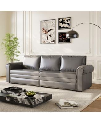 93.7" Faux Leather King Pull Out Sofa Bed, 3-in-1 Convertible Sleeper Couch with Rolled Arms & Nailhead Trim for Living Room