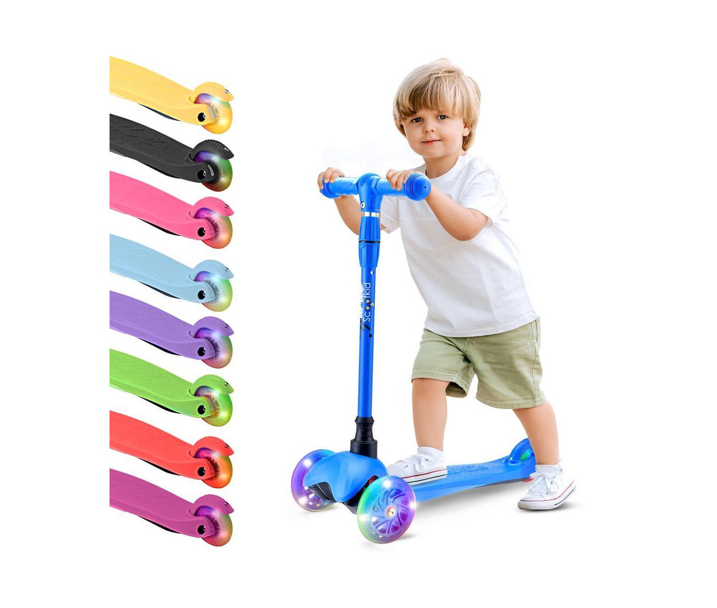 Детская игрушка Hurtle Lightweight 3-Wheel Mini Kickboard Scooter with LED Light Wheels, Ages 2+, цвет: Синий — фото 1
