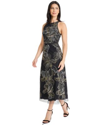 Women's Crew Neck Embroidered Midi Dress