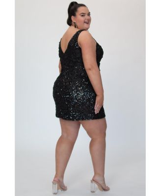 Sequin & 3D Floral Lace Mini Black Party Dress