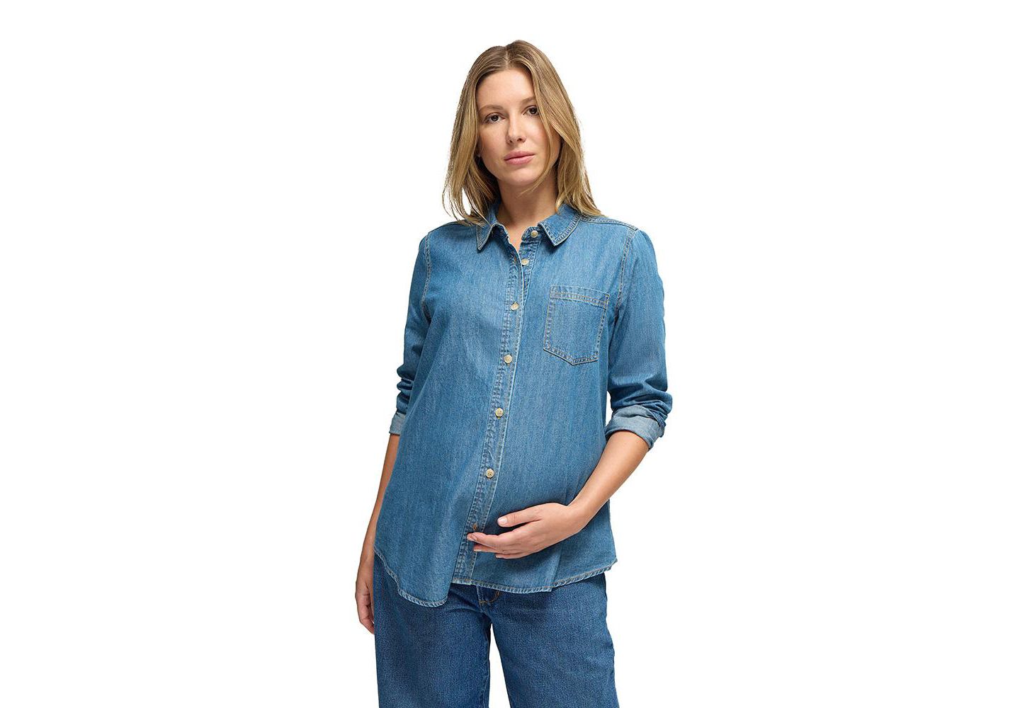 Женские рубашки Maternity Ingrid + Isabel Denim Button Down Shirt, цвет: Средняя варка — фото 1
