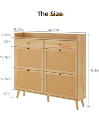 Shoe Cabinet Storage with 4 Flip Drawers, Rattan Narrow Shoe Rack Cabinet Storage for Entryway Hallway Living Room Closet, Nature Oak