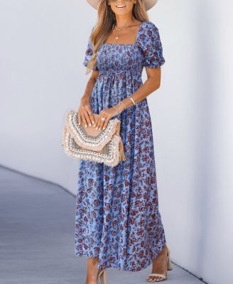 Women's Square Neck Puff Sleeve Floral Maxi Dress